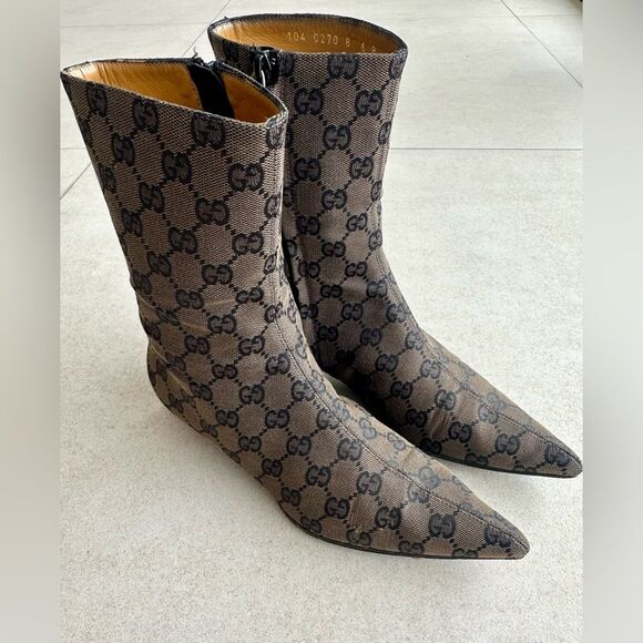 Gucci Vintage 90'S Brown GG Monogram Canvas Boots Wood Heels US 6B - Picture 3 of 16